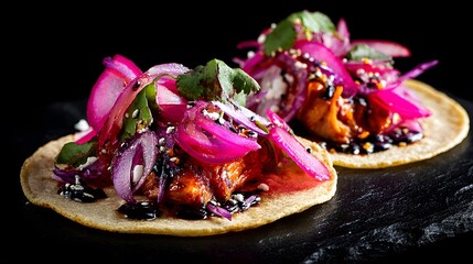 Exquisite Representation of Belizean Pibil Pork Tacos with Corn Tortillas and Pickled Onions in Traditional Yucatec Maya Fusion Street Food Arrangement on a Dramatic Black Textured Surface