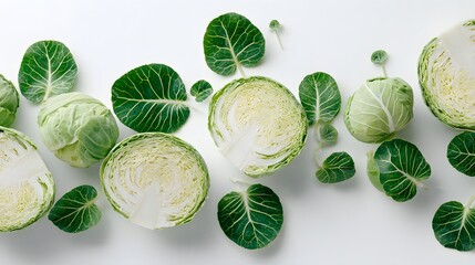 Detailed top-down exhibition presenting vibrant sprout leaves alongside meticulously split cabbage halves on a stark white backdrop for botanical artistry