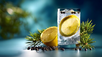 Artistic Composition of a Refreshing Gin and Tonic Cocktail with Lemon and Juniper Berries in a Modern, Serene Setting