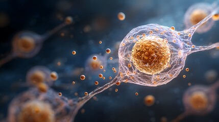 Sophisticated Scientific Vector Artwork Illustrating a Resting Mast Cell with Emphasized Nucleus and Multitude of Histamine-filled Granules in Pre-degranulation State