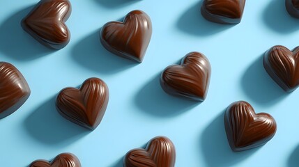 Elegant Heart-Shaped Chocolate Arrangement on Soft Blue Backdrop with Ample Negative Space for Captivating Valentine's Day Promotional Art