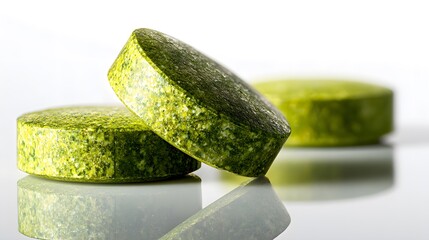 Artistic Closeup of Sulforaphane Supplement Tablets with Refined Lighting Emphasizing Health Benefits and Innovative Design on a Bright White Background