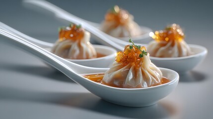 Intricately Arranged Asian Fusion Soup Dumplings: A Refined Gourmet Presentation with Shimmering Broth and Pristine Porcelain Displays in Soft Studio Ambience