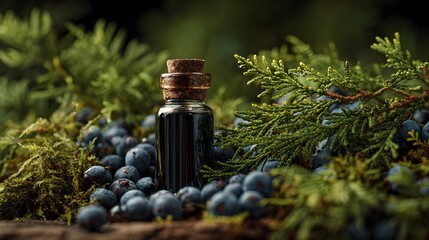 Vibrant Juniper Berry Essential Oil Extraction Amidst Fresh Juniper Berries and Needles in a Lush Natural Setting
