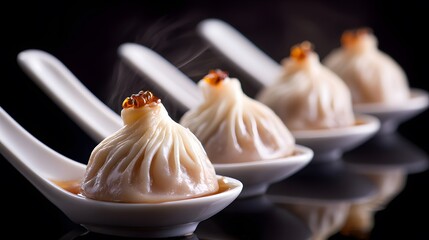 Luxurious Gourmet Dumplings in Porcelain Spoons: A Detailed Asian Fusion Culinary Art Showcase in Soft Studio Lighting