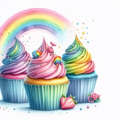 Three Frosted Cupcakes with Rainbow Icing and Rainbow Design Against a White Backdrop