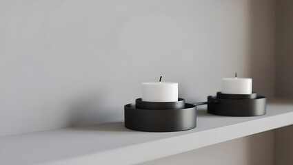 Minimalist black candle holders with white candles on a shelf