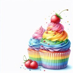 Cupcakes Frosted with Rainbow Swirls and Topped with Cherries on White