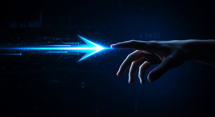 Human finger touching bright blue digital arrow on dark background technology future