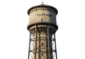 Weathered Water Tower Against White Background isolated on transparent background