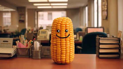 Happy corn character with smiling face working in modern office environment symbolizing productive employee job satisfaction workplace motivation success and business growth concept