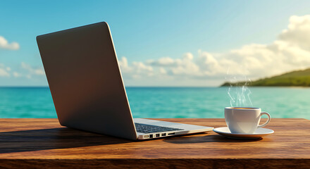 Fototapeta premium Laptop and steaming coffee cup on wooden table with ocean and island background hot drink 1