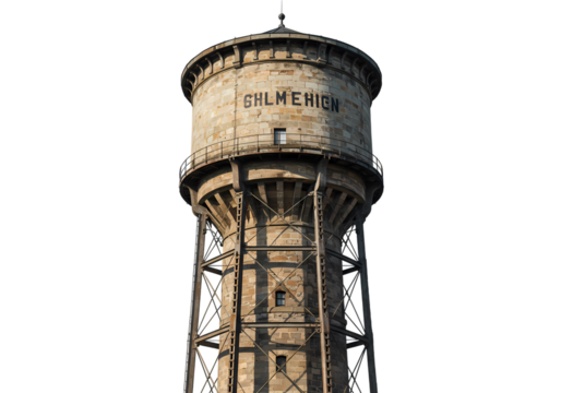 Weathered Water Tower Against White Background isolated on transparent background