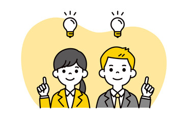 いいアイデアがひらめいた、就職活動をする男性と女性の上半身ビジネスイラスト素材＿ベクター