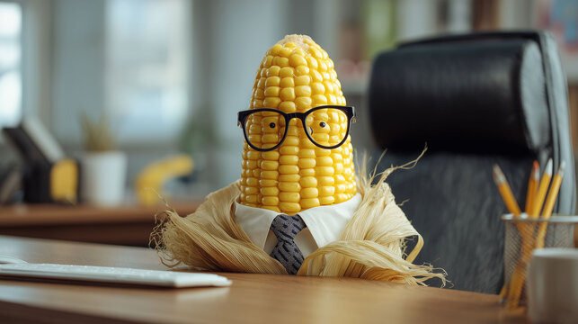 Funny corn character wearing glasses and suit sitting at office desk symbolizing new intern recruit employee productivity workplace creativity and business concept - Powered by Adobe