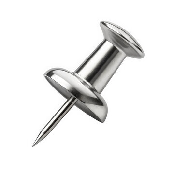 Shiny silver metal thumbtack with a sharp pointed pin for fastening documents isolated on transparent background