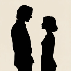 Silhouette man silhouette woman couple profile standing together romantic couple beige background contrast portrait side view black silhouette