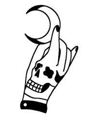 Hand with skull tattoo holding a moon