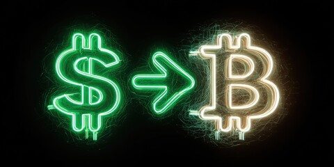 Neon dollar sign and Bitcoin symbol with an arrow