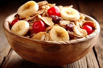 Colorful bowl of breakfast cereal with banana slices and cherries on a wooden table in a cozy kitchen
