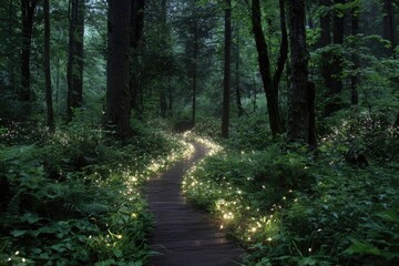 Fototapeta premium Forest path illuminated by lights