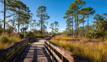 Obraz premium Sunny boardwalk trail through pine forest