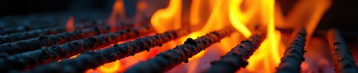 Close-up of vibrant orange and yellow grill flames licking at the grate, intense heat and glowing embers visible  Perfect for BBQ, cooking, food, summer, and fire imagery ,  metal,  grill