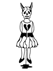 Skeleton girl with broken heart and horns art.