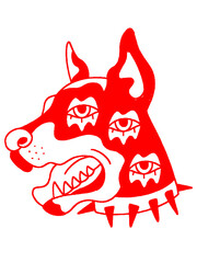 Red Doberman dog with multiple eyes illustration