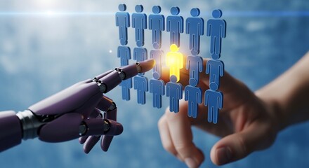 Robot hand selecting the best candidate from group of people, artificial intelligence in recruitment process