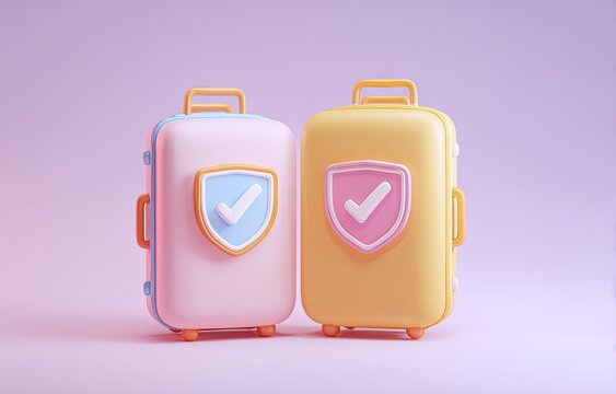 Two pastel-colored suitcases with protection symbols