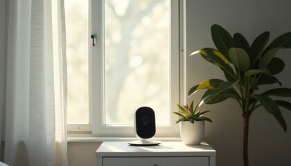 Daylight shot of a baby monitor in front of a nursery window, casting subtle shadows across a mid-century modern nightstand.