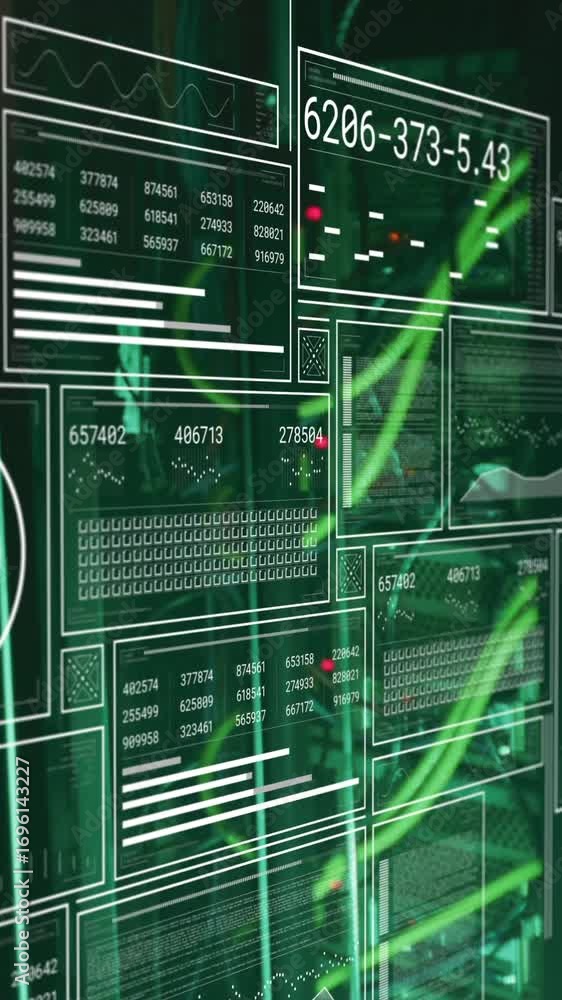 Poster animation of graphs, loading bars and circles with changing numbers over serve racks