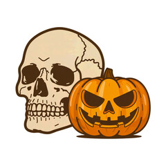 Halloween Skull and Pumpkin with Jack-O'-Lantern Face, Spooky Decor