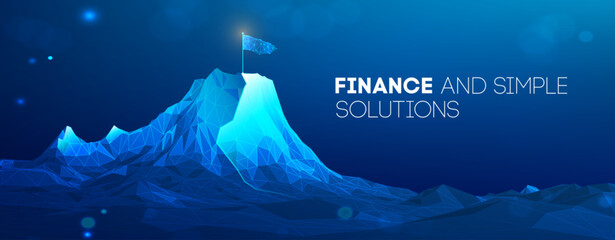 Goal flag on mountain peak with tech polygon design and abstract cyber background. Business roadmap path or career journey vector for leadership. Victory achievement or for motivation illustration.