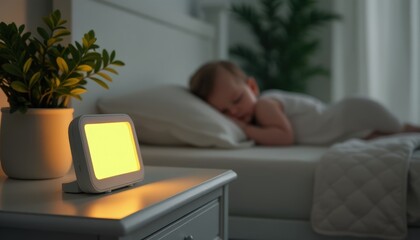 Side view of a baby monitor glowing softly on a white-painted nightstand in a dimly lit room with a sleeping baby blurred in the background.
