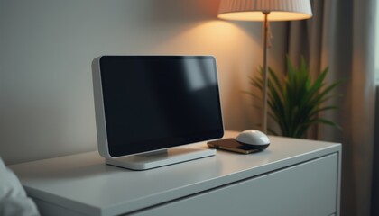 Sleek modern baby monitor resting on a glossy white nightstand, surrounded by tech gadgets under cool artificial lighting.