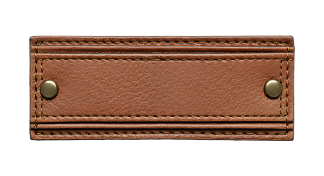Artisan stitched leather strip nameplate in vintage handcrafted style isolated on transparent background