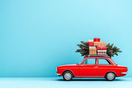 Fototapeta Red vintage car carrying Christmas presents and tree on a light blue background