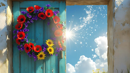 Colorful Flower Wreath with Sunny Sky Background