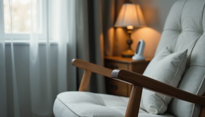 Soft-focus foreground of a rocking chair armrest, with baby monitor in sharp focus on the nightstand behind, side natural light.