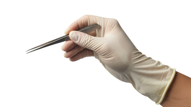 Gloved hand holding tweezers, precise medical procedure ready