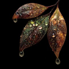Naklejka premium Intricate leaves, adorned with water droplets, display a captivating interplay of colors and textures against a dark background.