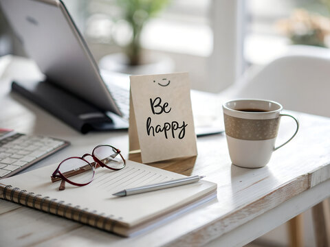 Be happy card with coffee, glasses, pen, notebook and laptop on desk, positive workspace concept.