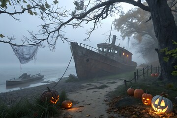 Spooky Haunted Shipwreck Scene with Fog and Halloween Night