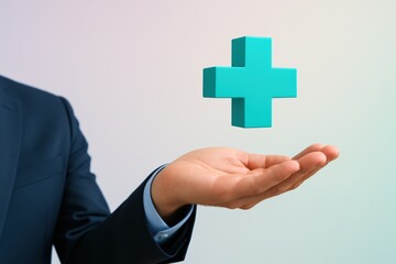 Businessman presents a vibrant teal plus sign symbolizing positive business growth and simple additions to future financial planning