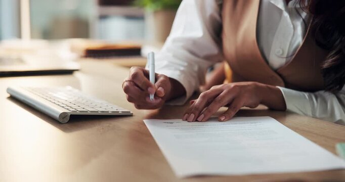 Office, employee and hands with document, signature or lawyer with legal statement for criminal case. Attorney, information and person with paperwork for trial, writing and evidence in law firm