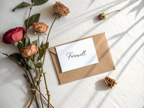 Farewell card with dried and fresh roses on white background, sentimental goodbye concept.