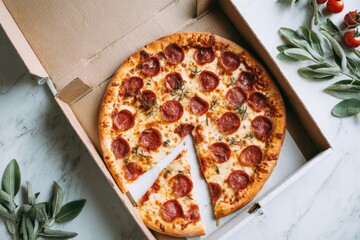 Pizza in a box on a marble surface (1)