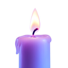 Candle with purple flame white isolated background, clear view, simple light. extra detail simple design clean look calm mood neat focus clear space for text easy style plain background natural pose s